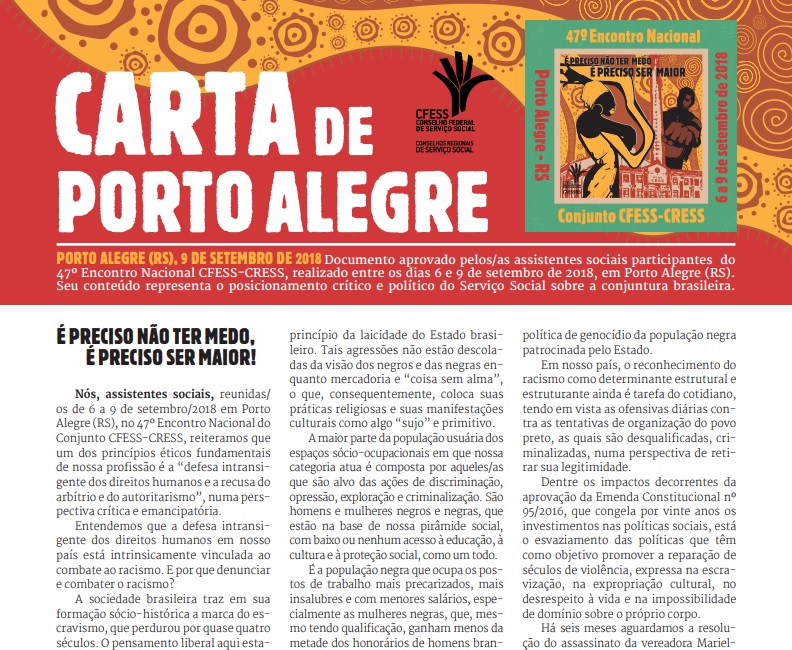 Confira a Carta de Porto Alegre aprovada no 47º Encontro Nacional do  Conjunto CFESS-CRESS